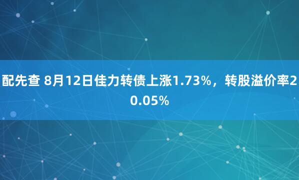 配先查 8月12日佳力转债上涨1.73%，转股溢价率20.05%